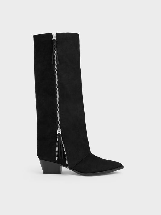 CHARLES & KEITH Trending / Aether Faux Suede Tassel-Zip Knee-High Boots - Black Textured