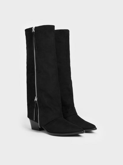 CHARLES & KEITH Trending / Aether Faux Suede Tassel-Zip Knee-High Boots - Black Textured