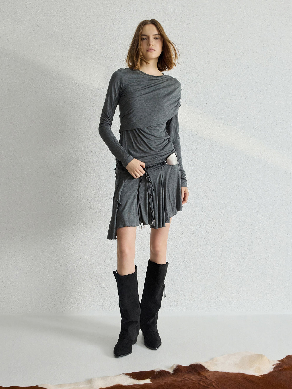 CHARLES & KEITH Trending / Aether Faux Suede Tassel-Zip Knee-High Boots - Black Textured