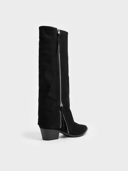 CHARLES & KEITH Trending / Aether Faux Suede Tassel-Zip Knee-High Boots - Black Textured