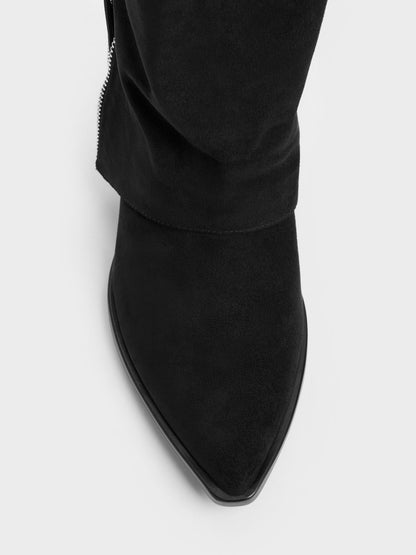 CHARLES & KEITH Trending / Aether Faux Suede Tassel-Zip Knee-High Boots - Black Textured