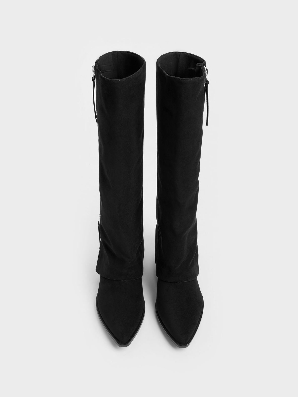 CHARLES & KEITH Trending / Aether Faux Suede Tassel-Zip Knee-High Boots - Black Textured