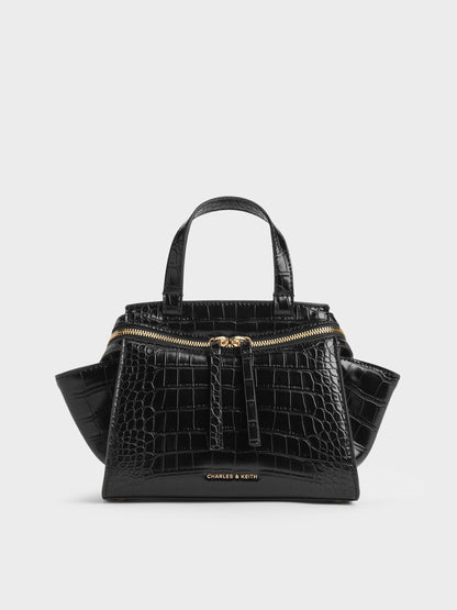 CHARLES & KEITH Discount / Pansy Trapeze Croc-Effect Top Handle Bag - Black