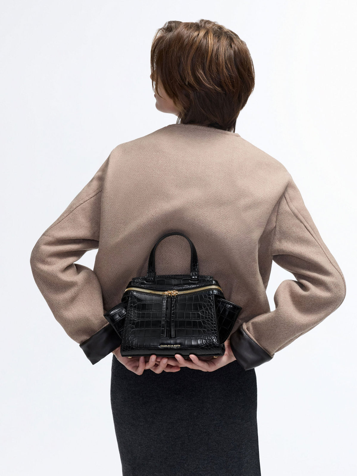 CHARLES & KEITH Discount / Pansy Trapeze Croc-Effect Top Handle Bag - Black