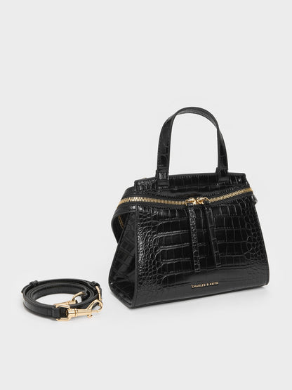 CHARLES & KEITH Discount / Pansy Trapeze Croc-Effect Top Handle Bag - Black