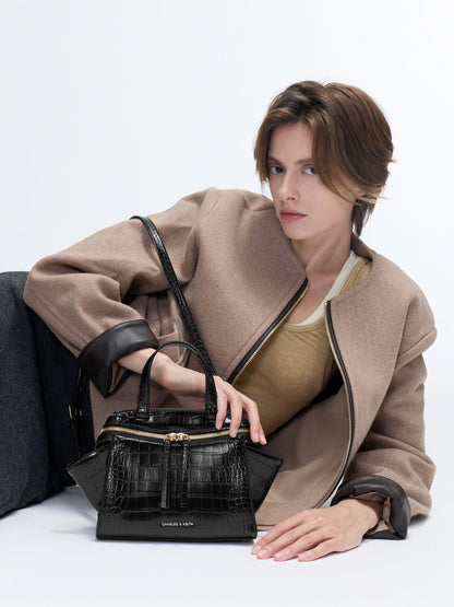 CHARLES & KEITH Discount / Pansy Trapeze Croc-Effect Top Handle Bag - Black