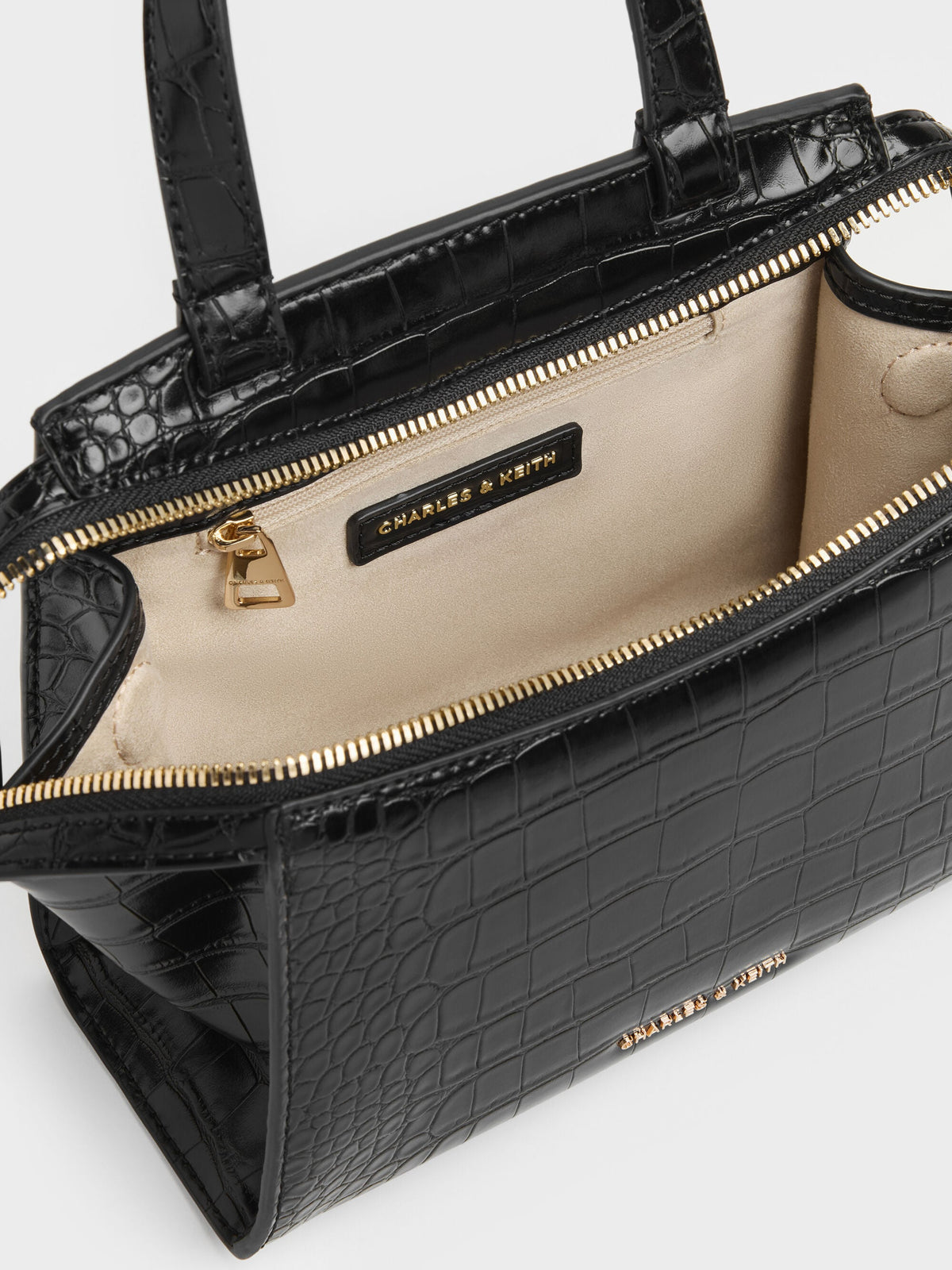 CHARLES & KEITH Discount / Pansy Trapeze Croc-Effect Top Handle Bag - Black