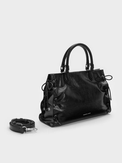 CHARLES & KEITH Hot Sale / Large Nylah Grommet Lace-Up Tote Bag - Noir
