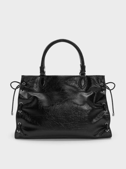CHARLES & KEITH Hot Sale / Large Nylah Grommet Lace-Up Tote Bag - Noir