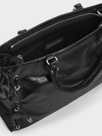 CHARLES & KEITH Hot Sale / Large Nylah Grommet Lace-Up Tote Bag - Noir