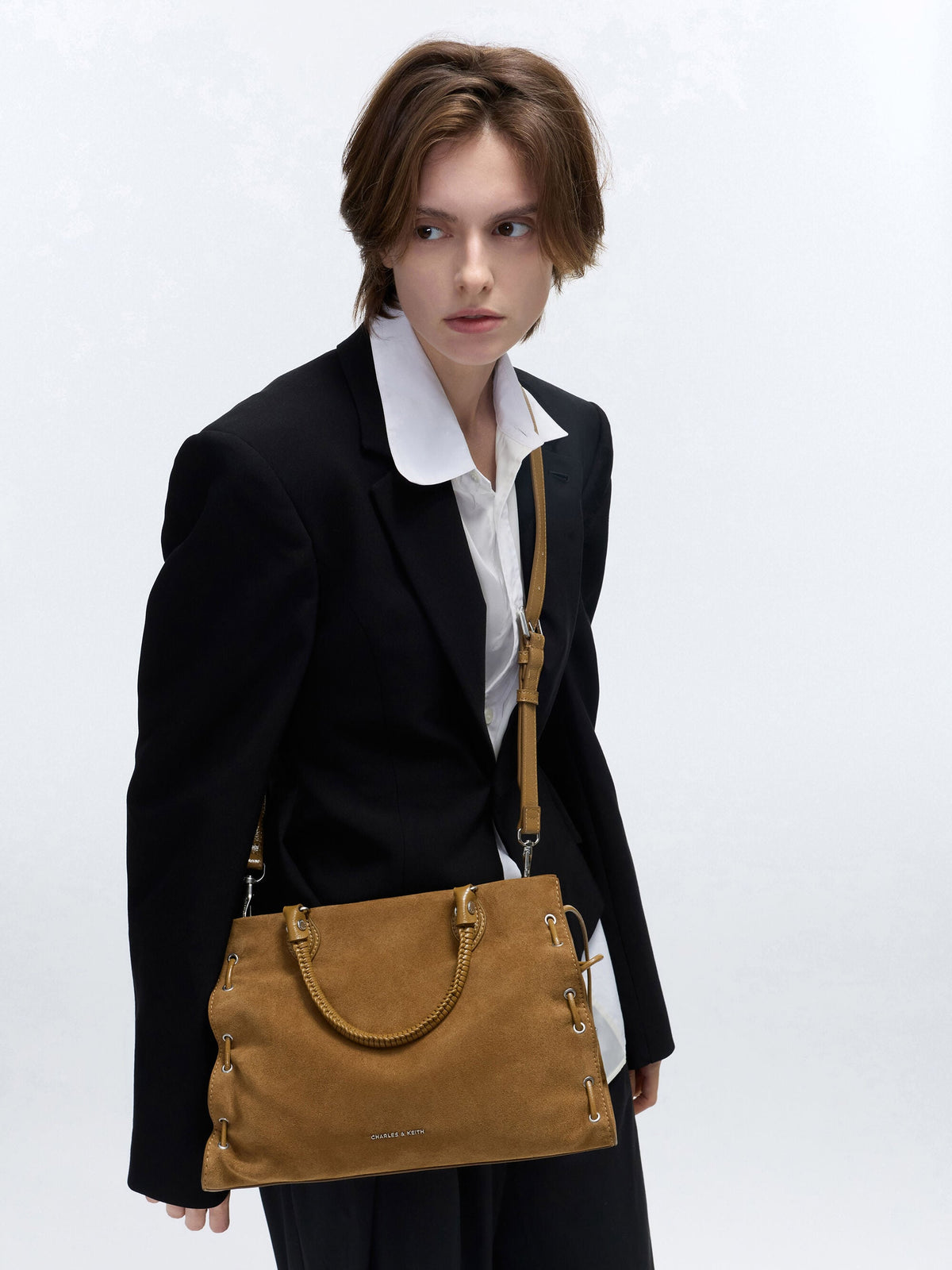 CHARLES & KEITH Best Seller / Large Nylah Grommet Lace-Up Tote Bag - Sahara Sand