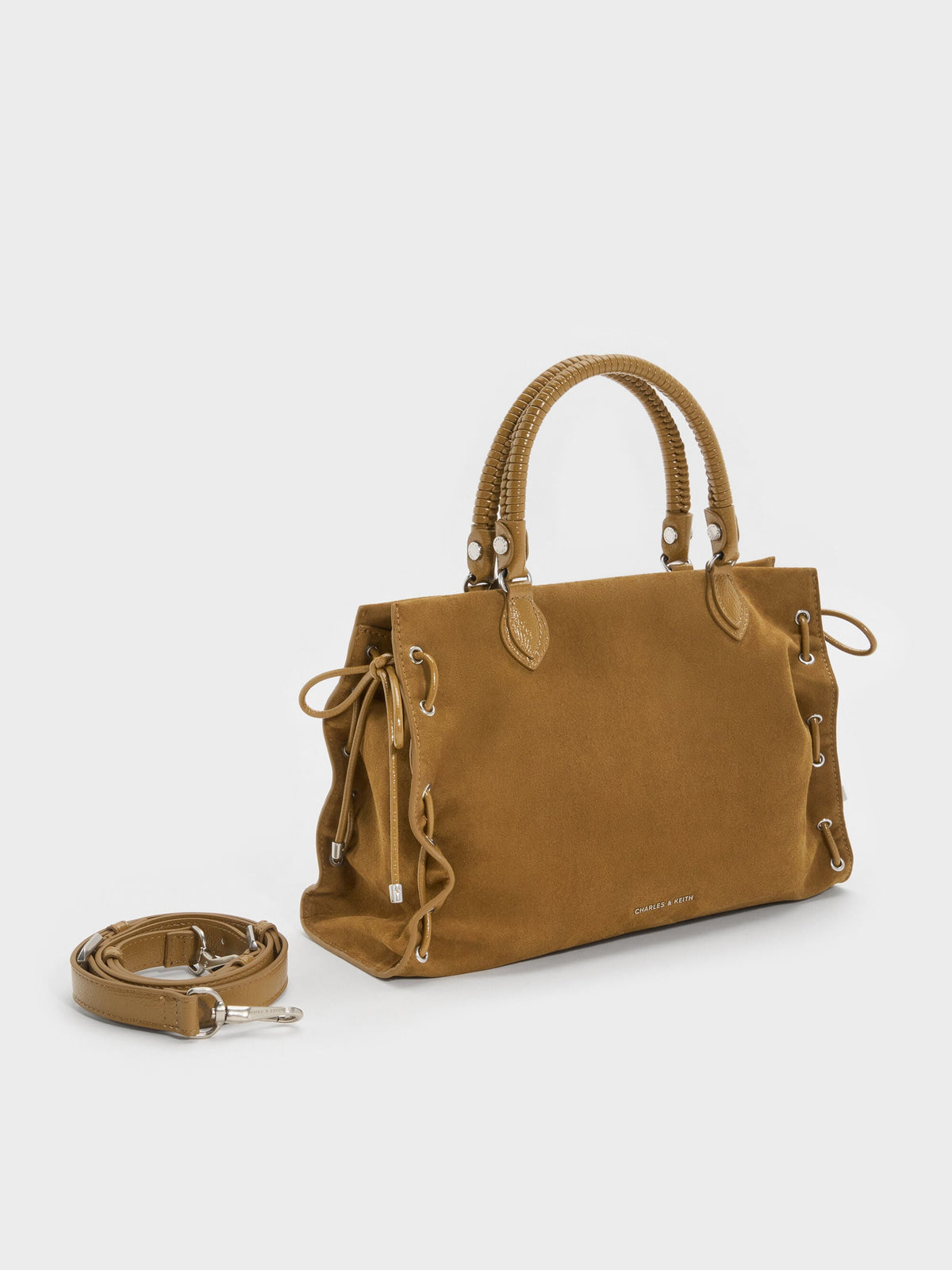 CHARLES & KEITH Best Seller / Large Nylah Grommet Lace-Up Tote Bag - Sahara Sand