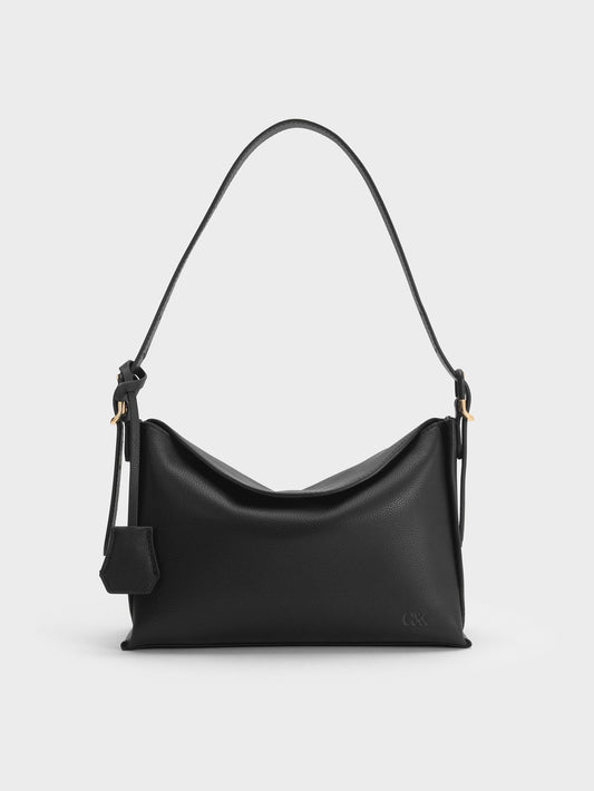 CHARLES & KEITH Featured / Leather Top-Flap Hobo Bag - Black