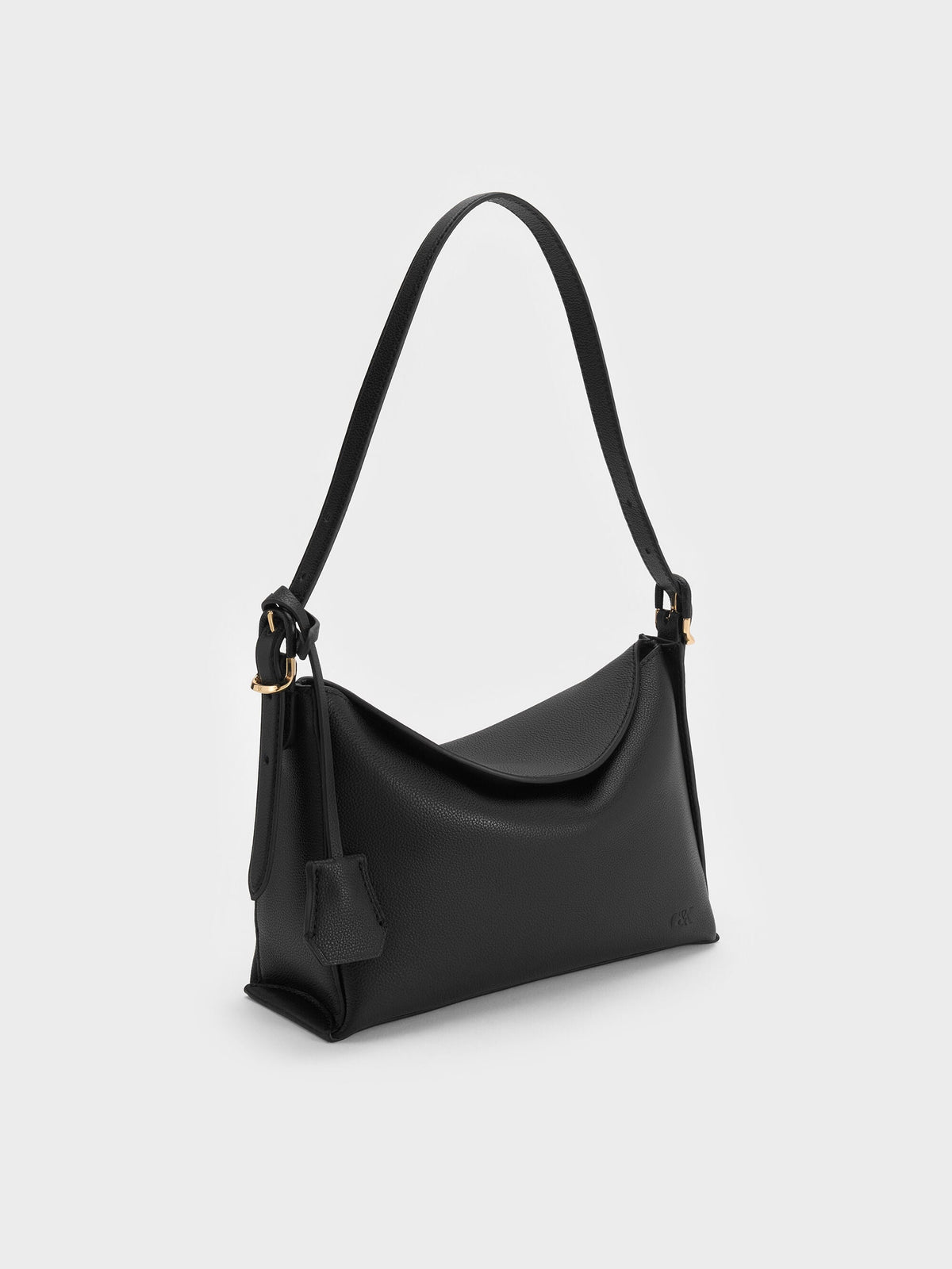 CHARLES & KEITH Featured / Leather Top-Flap Hobo Bag - Black