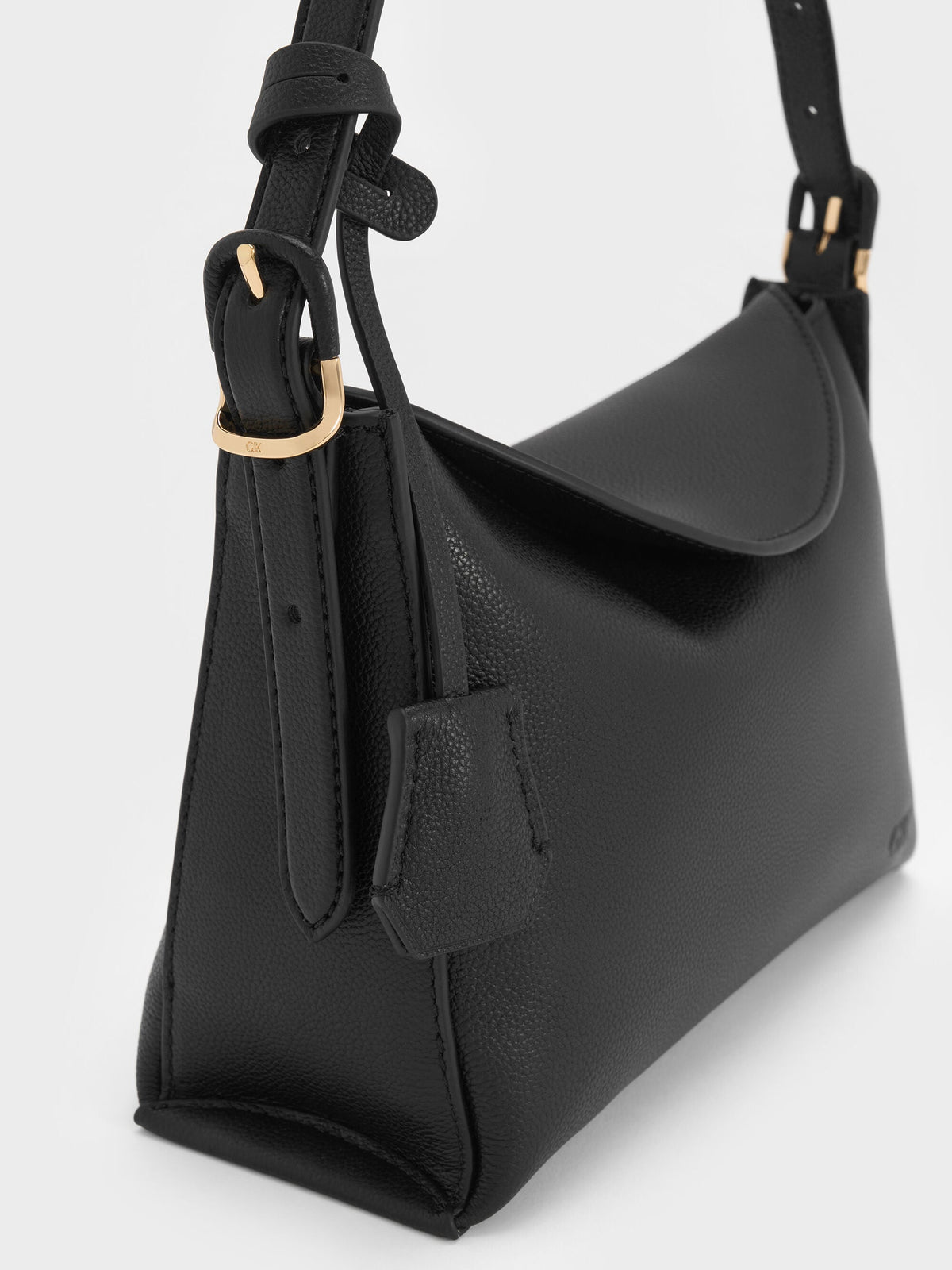 CHARLES & KEITH Featured / Leather Top-Flap Hobo Bag - Black