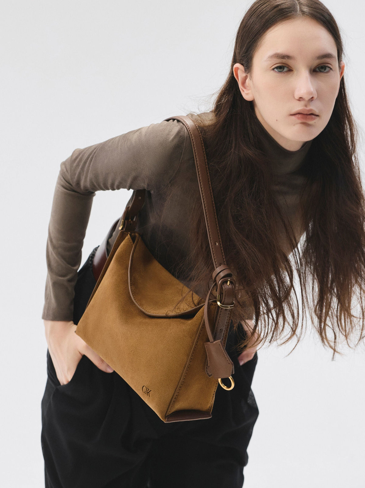 CHARLES & KEITH Popular / Leather & Suede Top-Flap Hobo Bag - Brown
