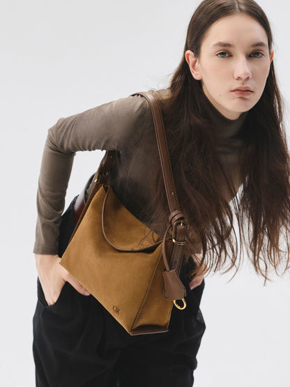 CHARLES & KEITH Popular / Leather & Suede Top-Flap Hobo Bag - Brown
