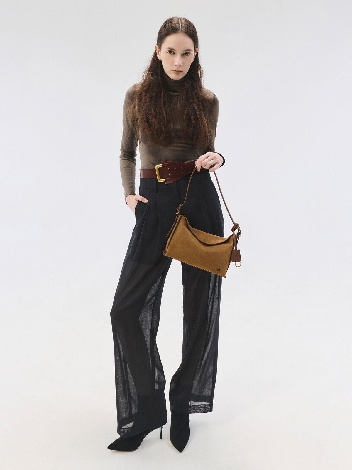 CHARLES & KEITH Popular / Leather & Suede Top-Flap Hobo Bag - Brown