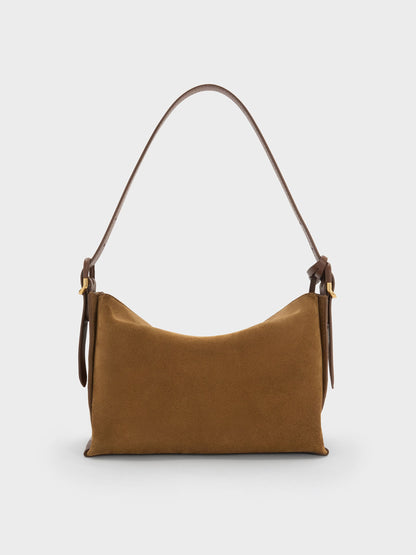 CHARLES & KEITH Popular / Leather & Suede Top-Flap Hobo Bag - Brown