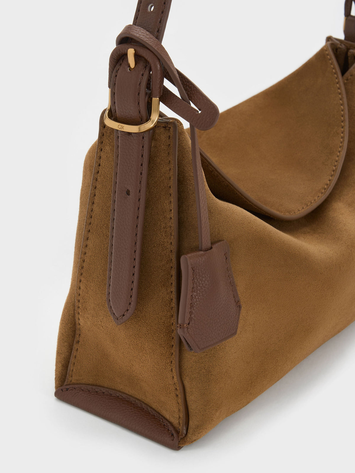CHARLES & KEITH Popular / Leather & Suede Top-Flap Hobo Bag - Brown