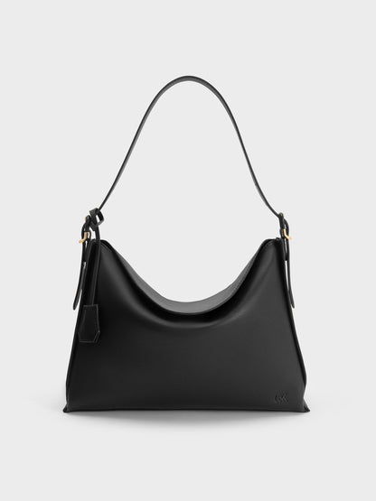 CHARLES & KEITH Signature / Large Leather Top-Flap Hobo Bag - Black