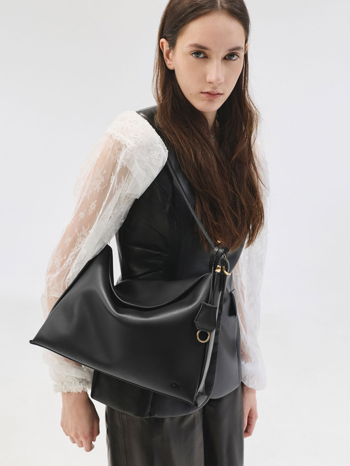 CHARLES & KEITH Signature / Large Leather Top-Flap Hobo Bag - Black