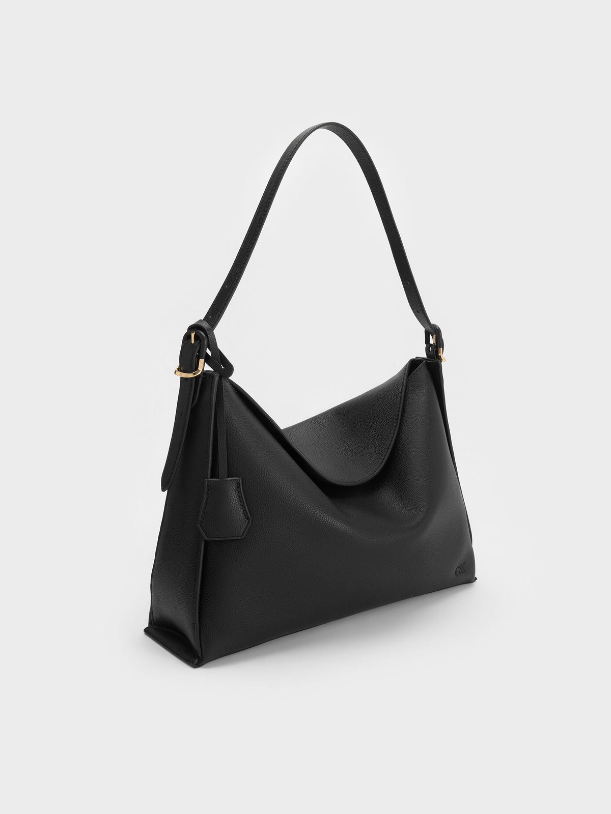 CHARLES & KEITH Signature / Large Leather Top-Flap Hobo Bag - Black