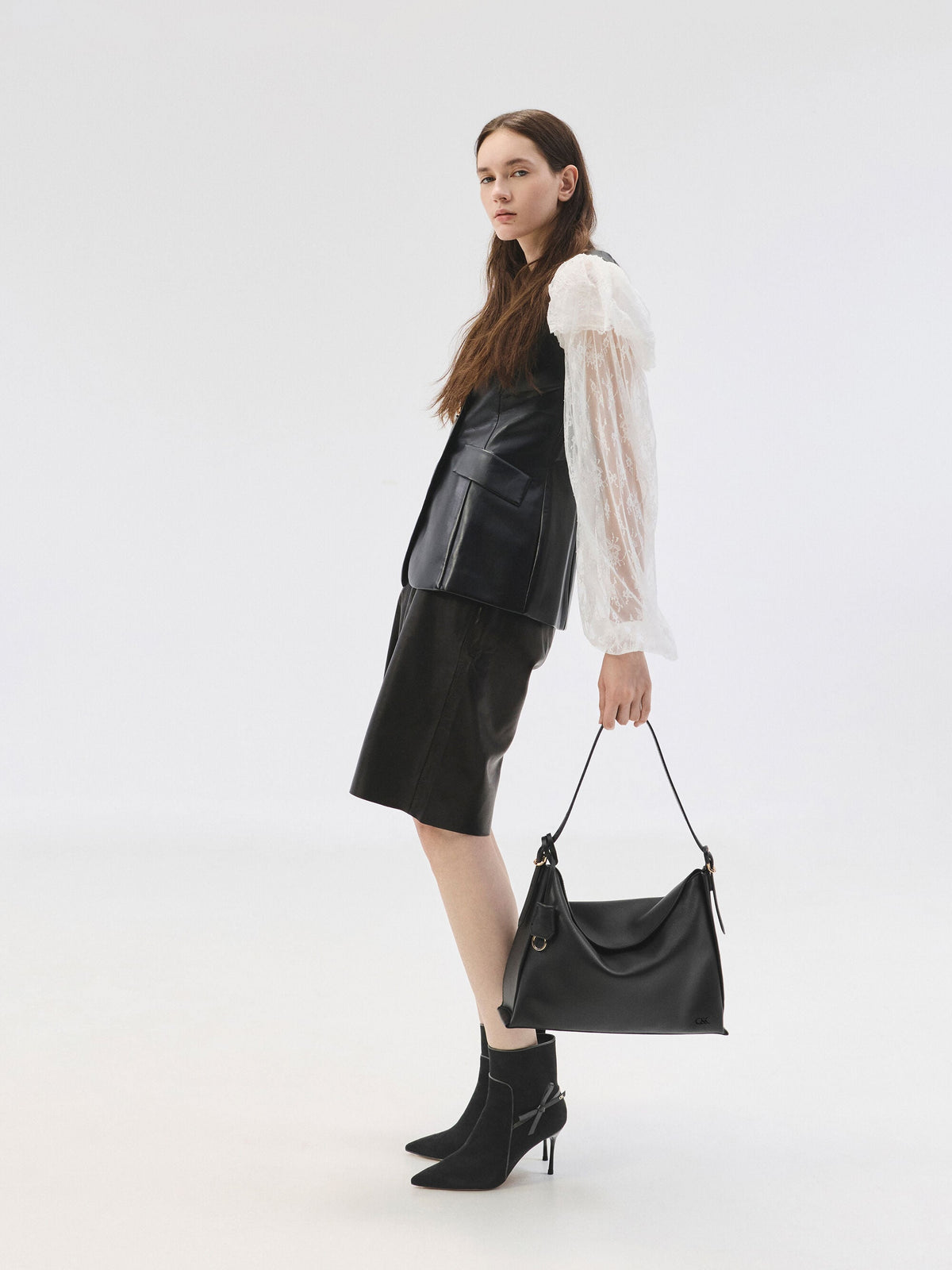 CHARLES & KEITH Signature / Large Leather Top-Flap Hobo Bag - Black