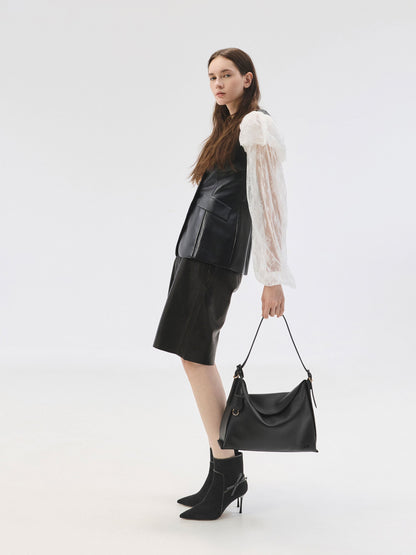 CHARLES & KEITH Signature / Large Leather Top-Flap Hobo Bag - Black