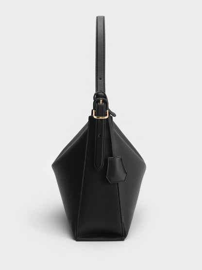 CHARLES & KEITH Signature / Large Leather Top-Flap Hobo Bag - Black