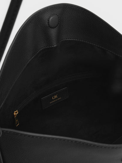CHARLES & KEITH Signature / Large Leather Top-Flap Hobo Bag - Black