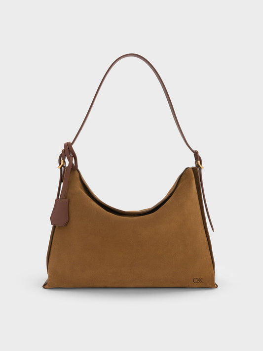 CHARLES & KEITH Top Pick / Large Leather & Suede Top-Flap Hobo Bag - Brown
