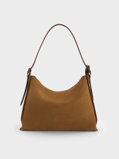 CHARLES & KEITH Top Pick / Large Leather & Suede Top-Flap Hobo Bag - Brown