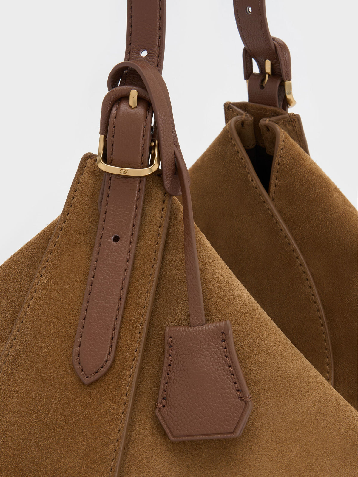 CHARLES & KEITH Top Pick / Large Leather & Suede Top-Flap Hobo Bag - Brown