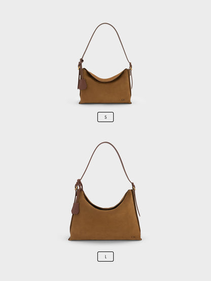 CHARLES & KEITH Top Pick / Large Leather & Suede Top-Flap Hobo Bag - Brown