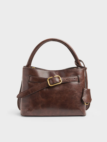 CHARLES & KEITH New / Victoria Belted Top Handle Bag - Distressed Coffee