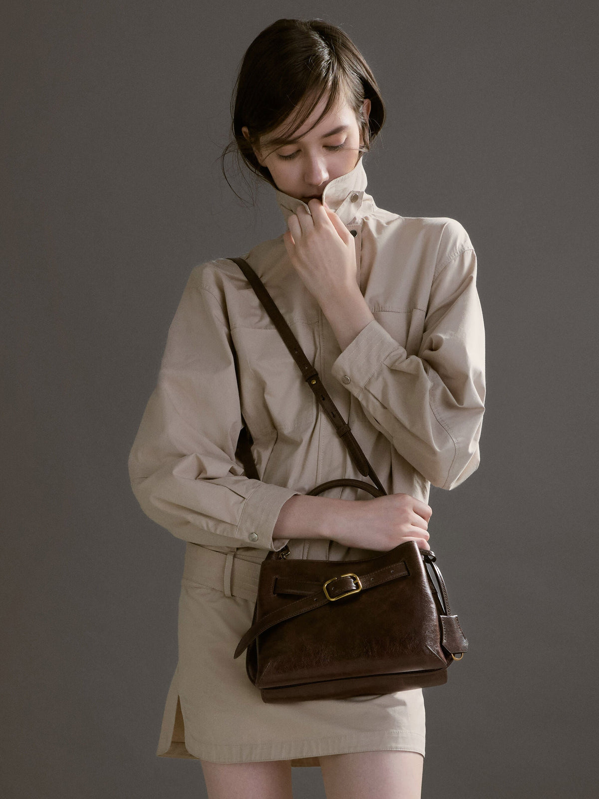 CHARLES & KEITH New / Victoria Belted Top Handle Bag - Distressed Coffee