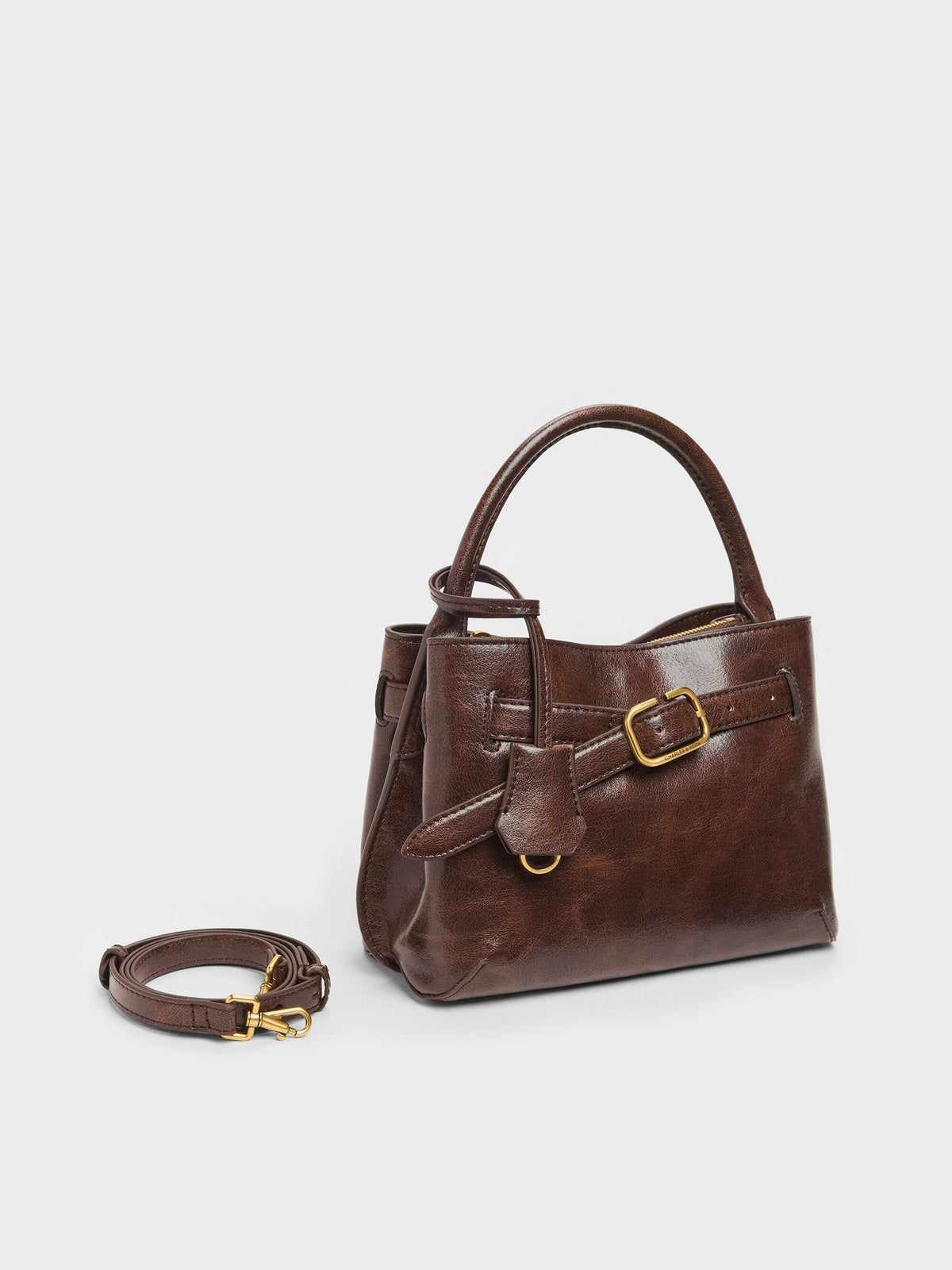 CHARLES & KEITH New / Victoria Belted Top Handle Bag - Distressed Coffee