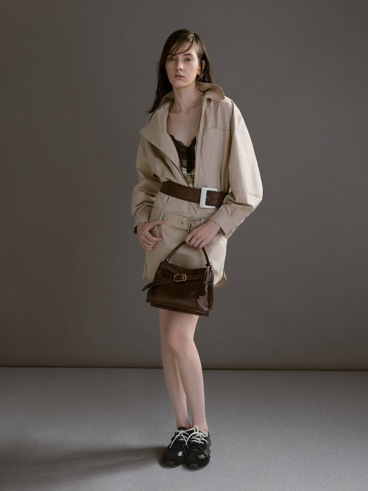 CHARLES & KEITH New / Victoria Belted Top Handle Bag - Distressed Coffee