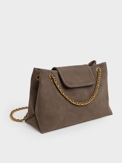 CHARLES & KEITH Latest / Large Apfra Quilted Shoulder Bag - Stone Grey