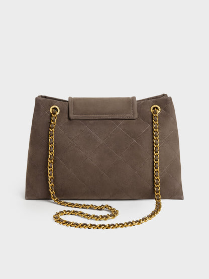 CHARLES & KEITH Latest / Large Apfra Quilted Shoulder Bag - Stone Grey