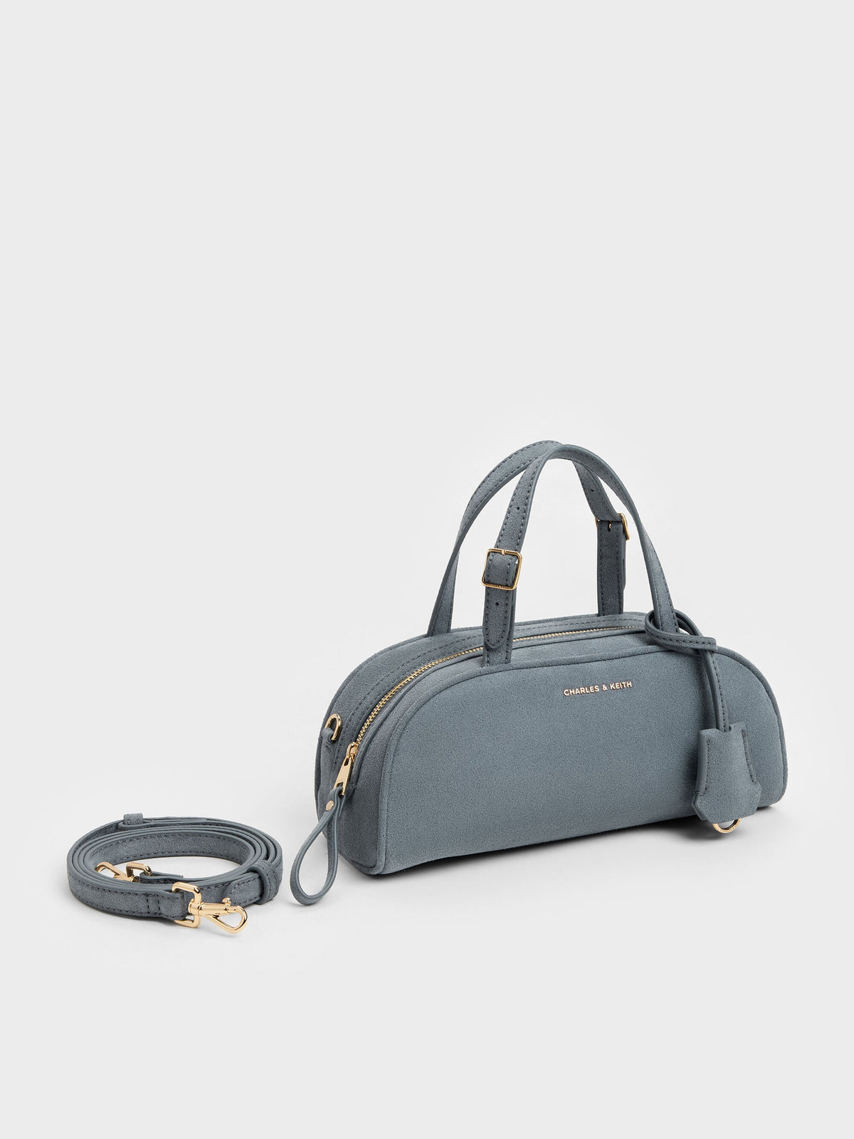 CHARLES & KEITH Top Pick / Vega Faux Suede Elongated Bowling Bag - Smoky Blue