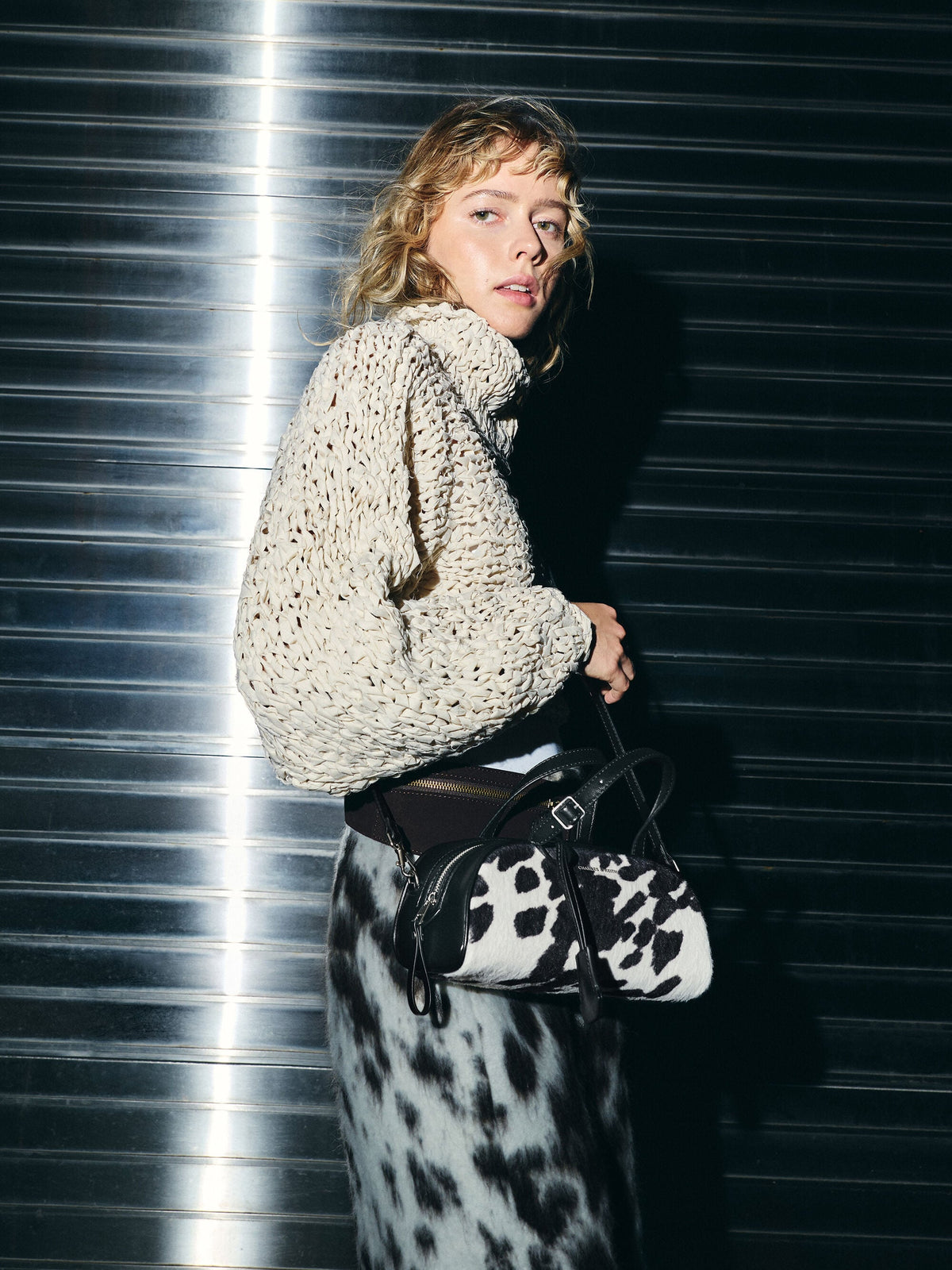 CHARLES & KEITH Value / Vega Furry Cow-Print Elongated Bowling Bag - Multi
