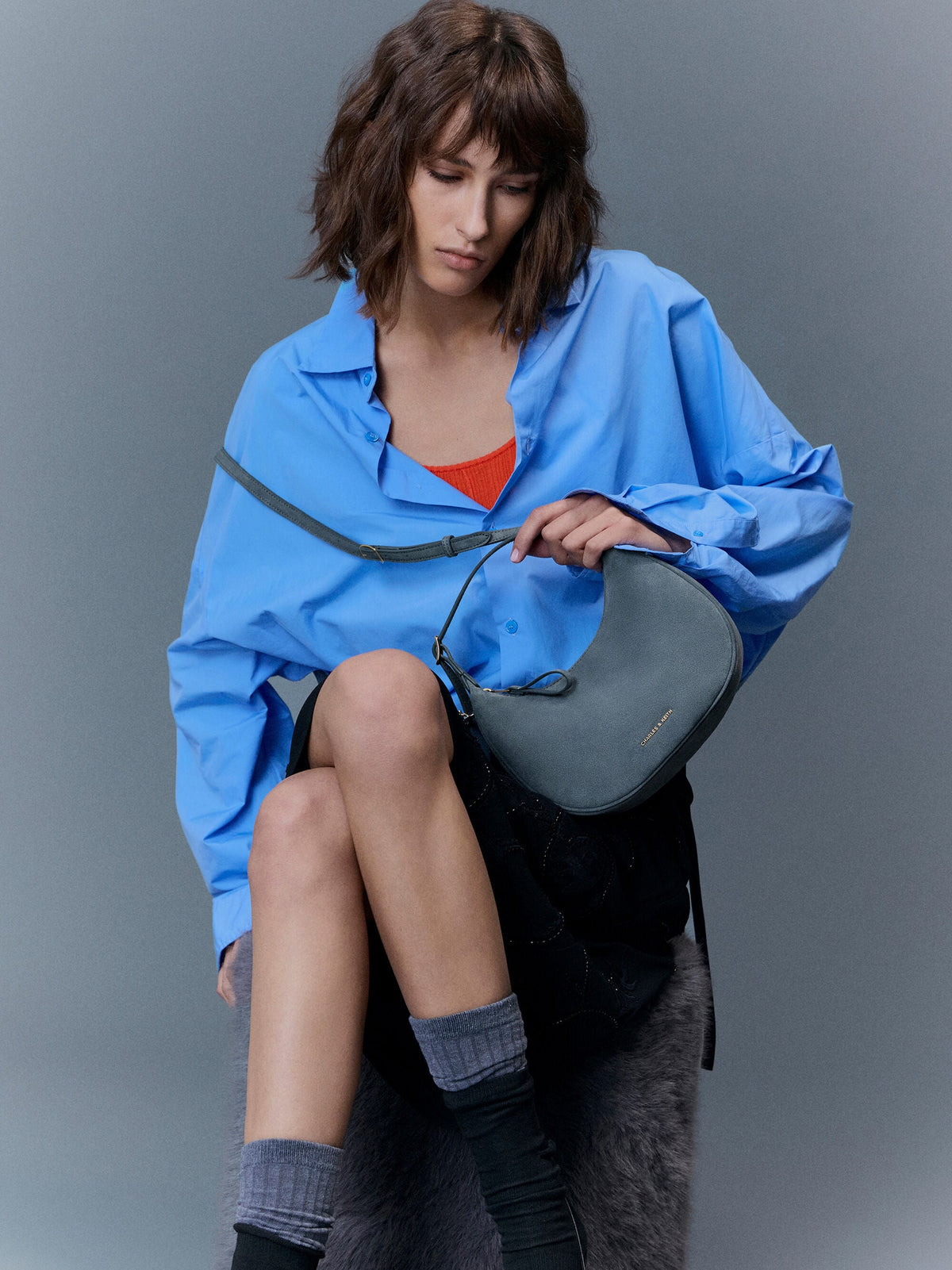 CHARLES & KEITH Deals / Vega Faux Suede Hobo Bag - Smoky Blue