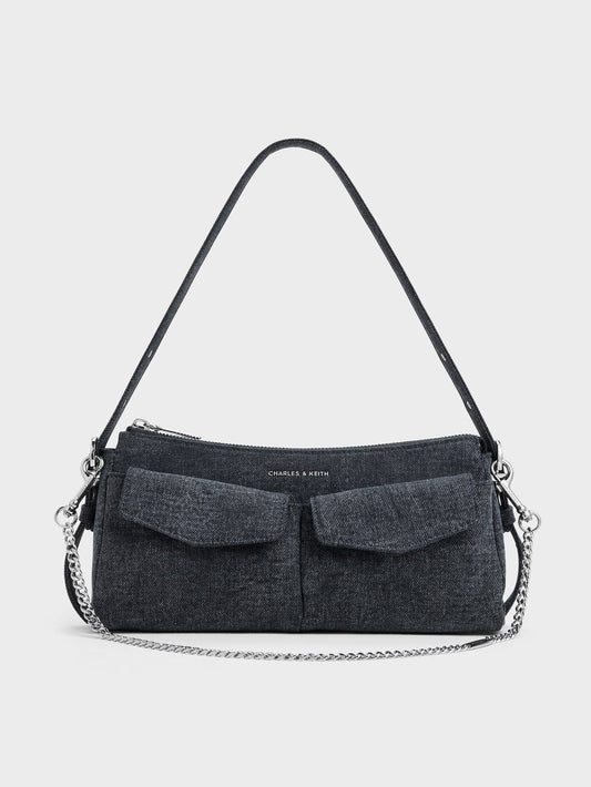 CHARLES & KEITH Quality / Rachel Denim Front-Pocket Chain Shoulder Bag - Denim Blue