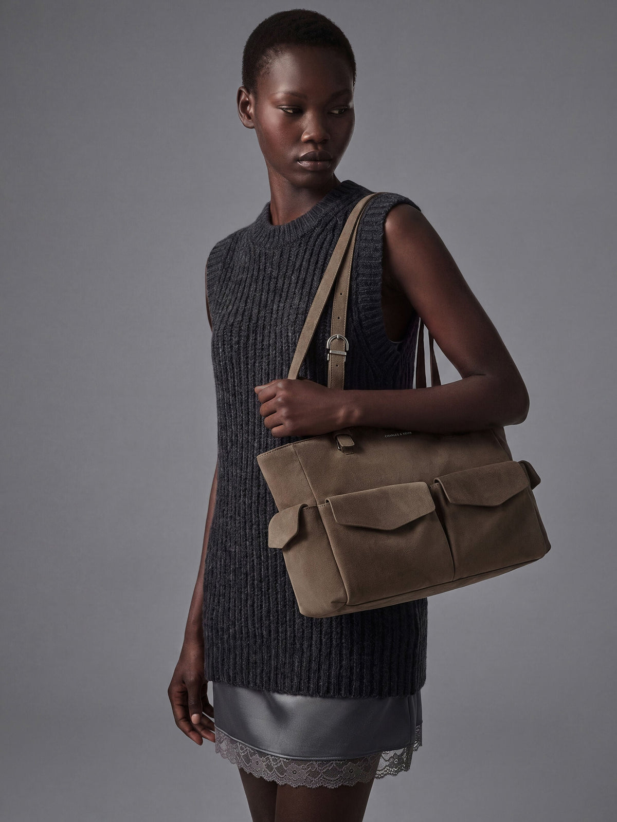 CHARLES & KEITH Classic / Rachel Multi-Pocket Tote Bag - Stone Grey