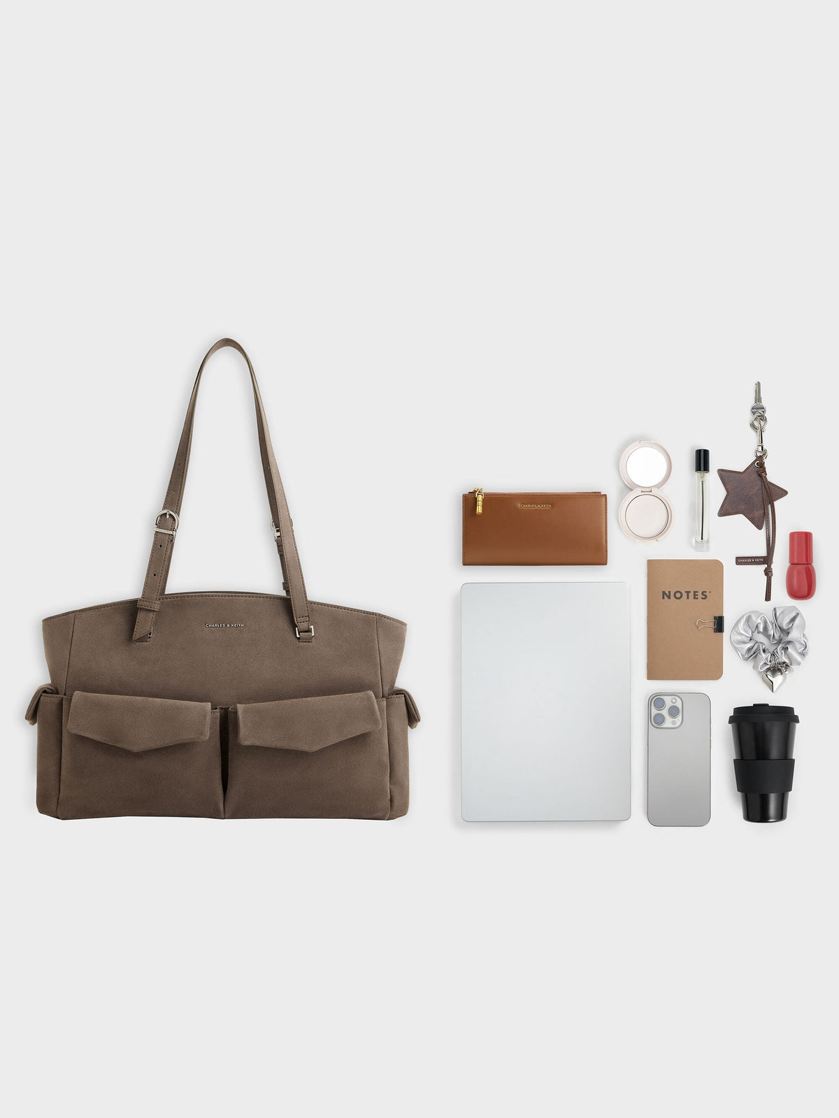 CHARLES & KEITH Classic / Rachel Multi-Pocket Tote Bag - Stone Grey