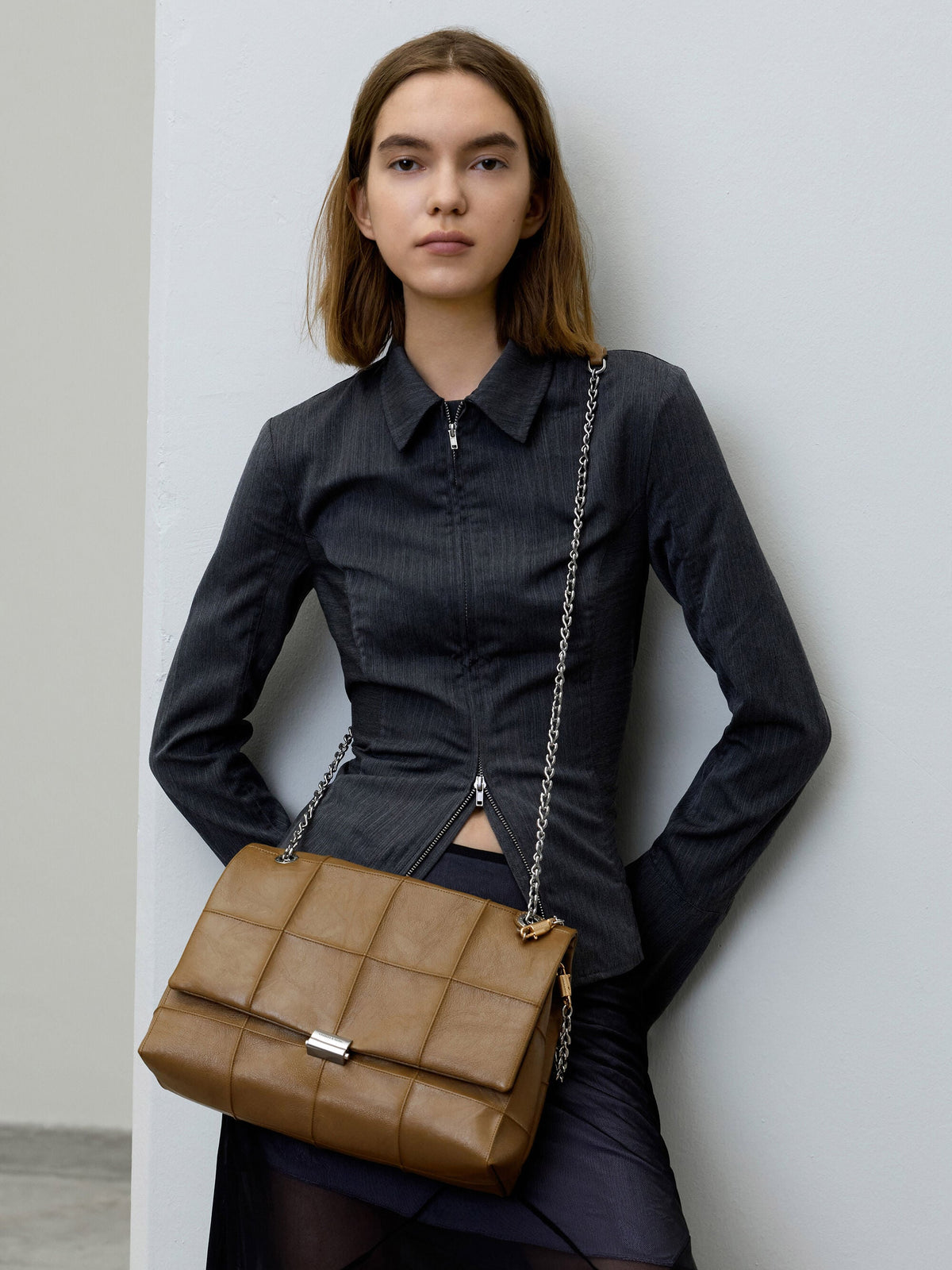 CHARLES & KEITH Deals / Large Delfina Quilted Chain-Strap Shoulder Bag - Walnut Brown