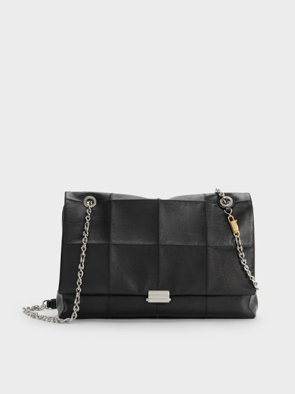 CHARLES & KEITH Smart Buy / Large Delfina Quilted Chain-Strap Shoulder Bag - Black