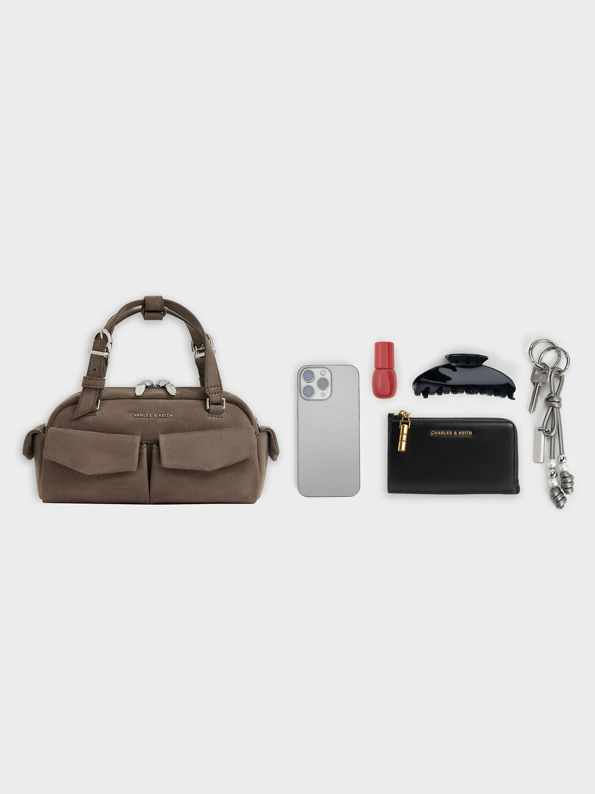 CHARLES & KEITH Quality / Rachel Multi-Pocket Bowling Bag - Stone Grey